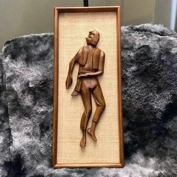 Vintage Mid Century Teak and Burlap Wall Hangings of a man - Picture 1 of 12
